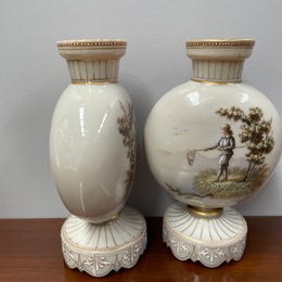 Pair of Victorian Opaline Glass Hand Painted Enamel Glass Vases