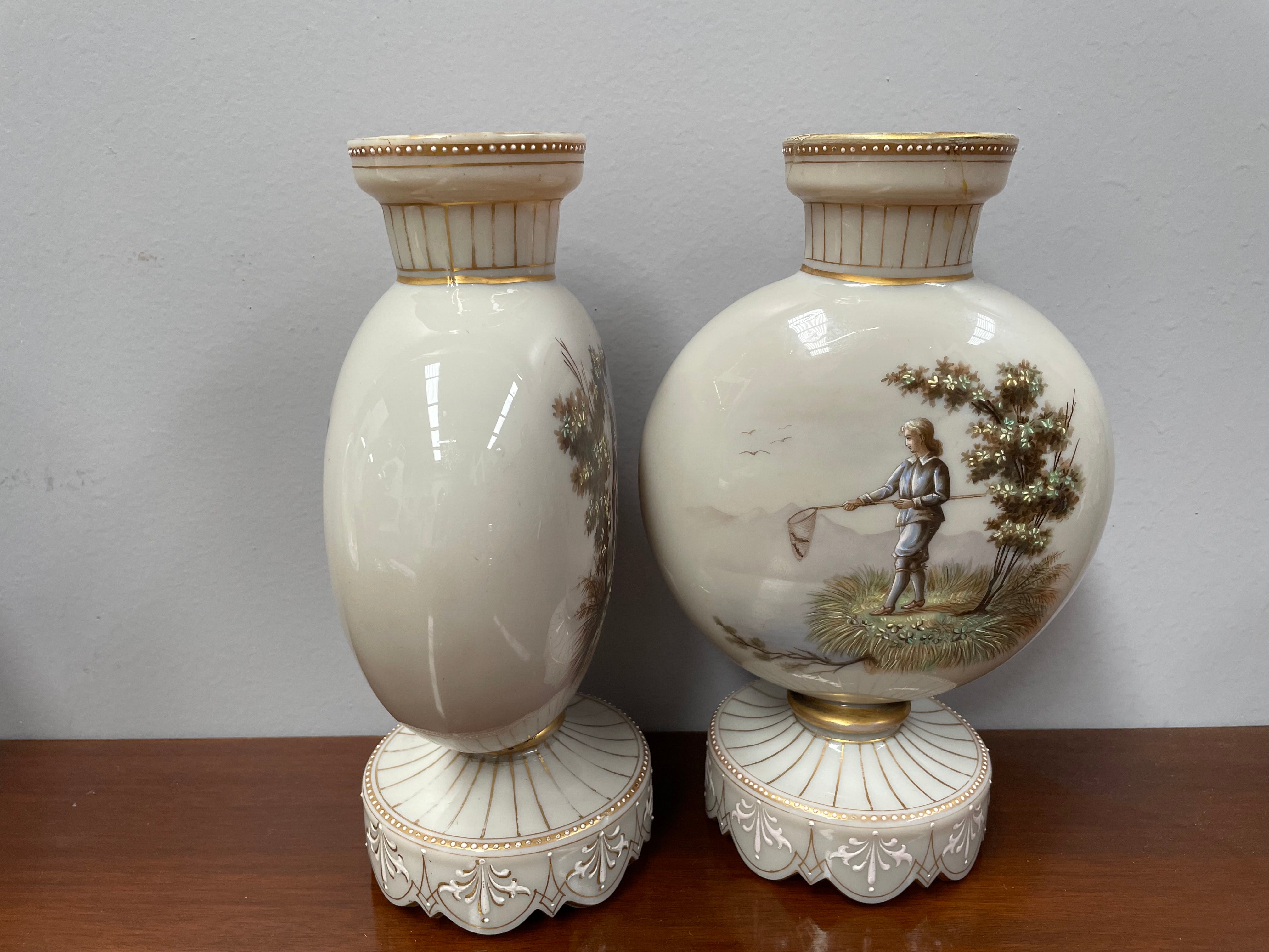 Pair of Victorian Opaline Glass Hand Painted Enamel Glass Vases | Antique & Vintage | Moonee Ponds Antiques | Australia Wide Delivery