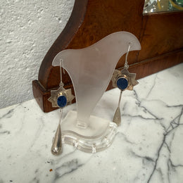 Vintage Pair Lapis Lazuli & Silver Elongated Drop Earrings