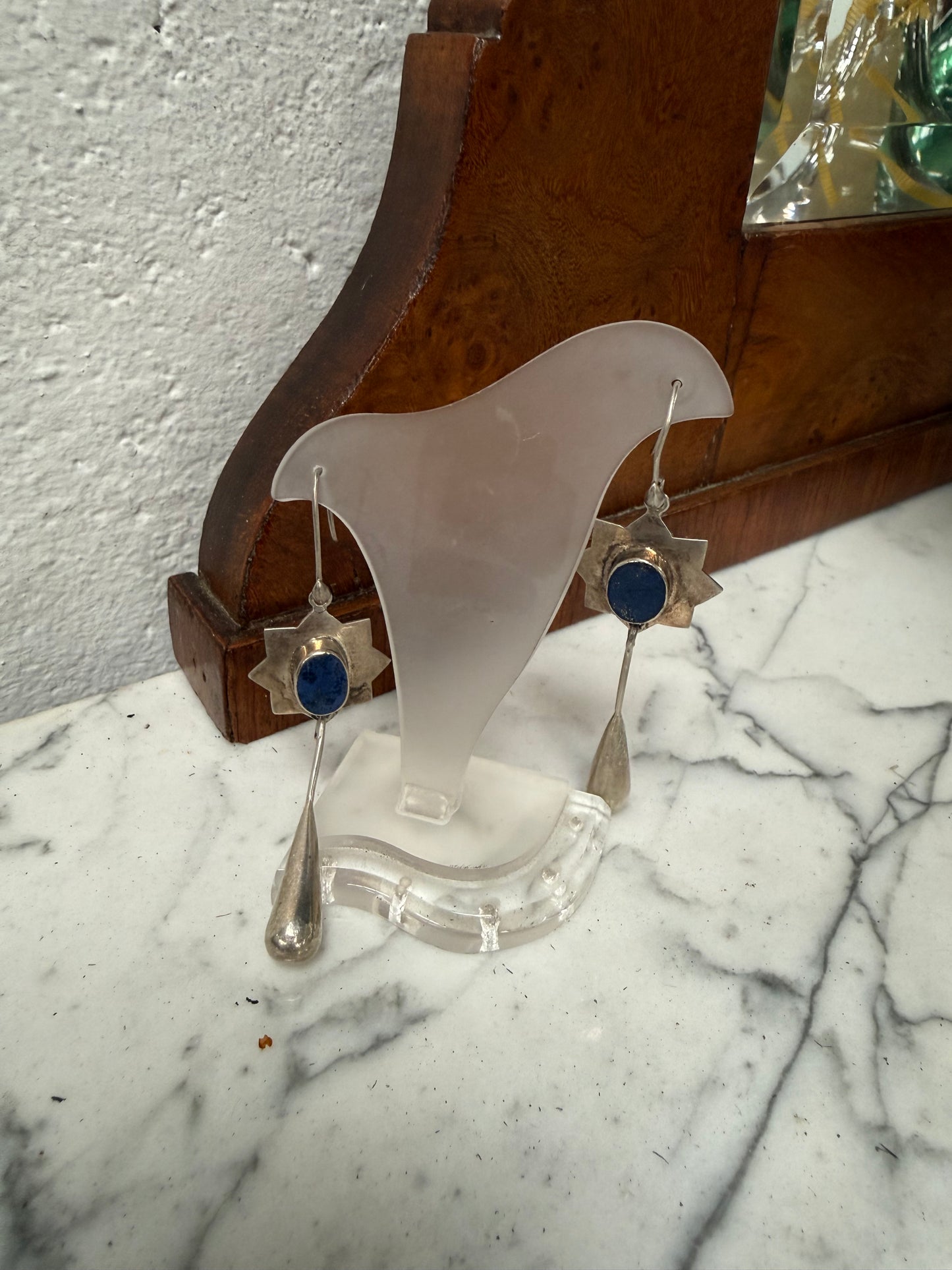 Vintage Pair Lapis Lazuli & Silver Elongated Drop Earrings