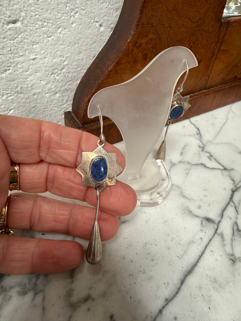 Vintage Pair Lapis Lazuli & Silver Elongated Drop Earrings