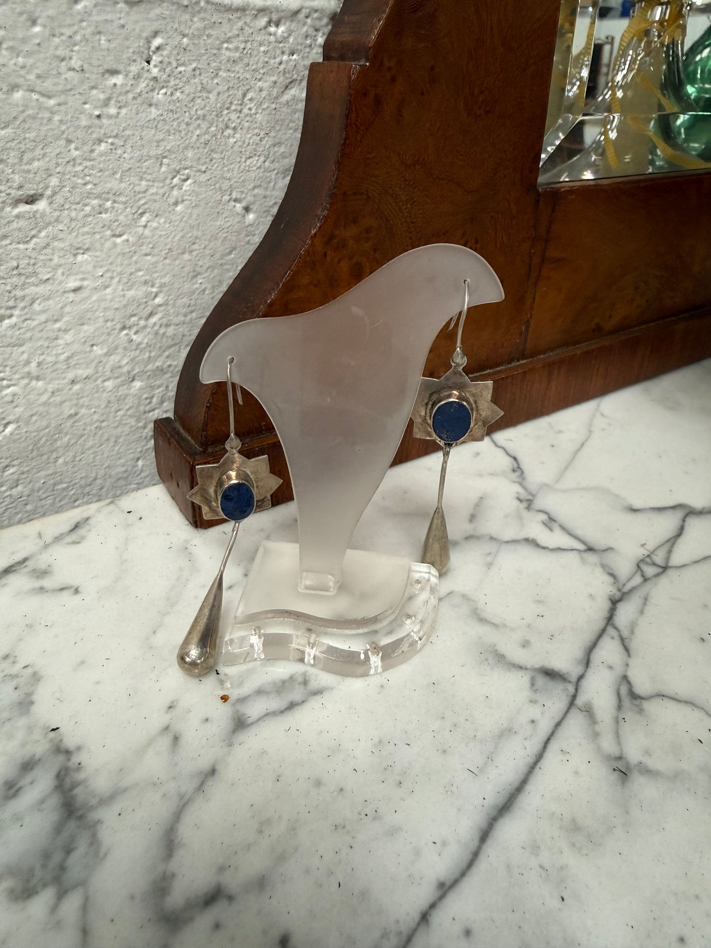 Vintage Pair Lapis Lazuli & Silver Elongated Drop Earrings