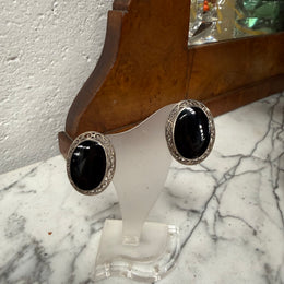 Vintage Large Silver & Onyx Stud Earrings