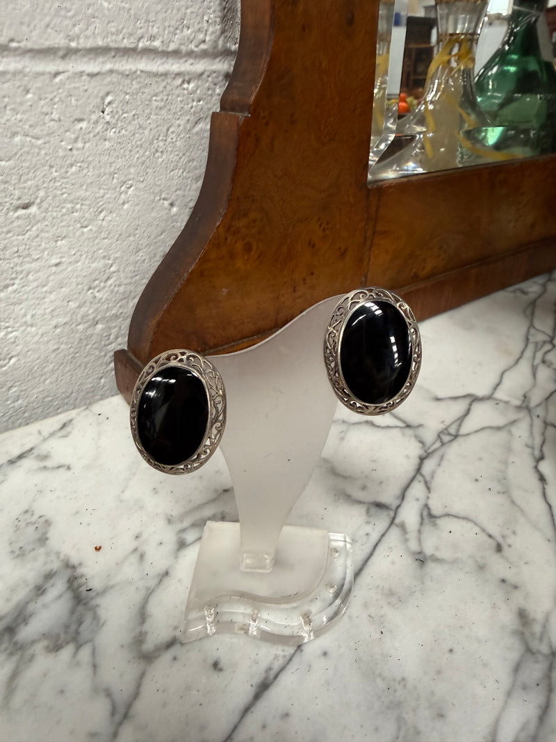 Vintage Large Silver & Onyx Stud Earrings