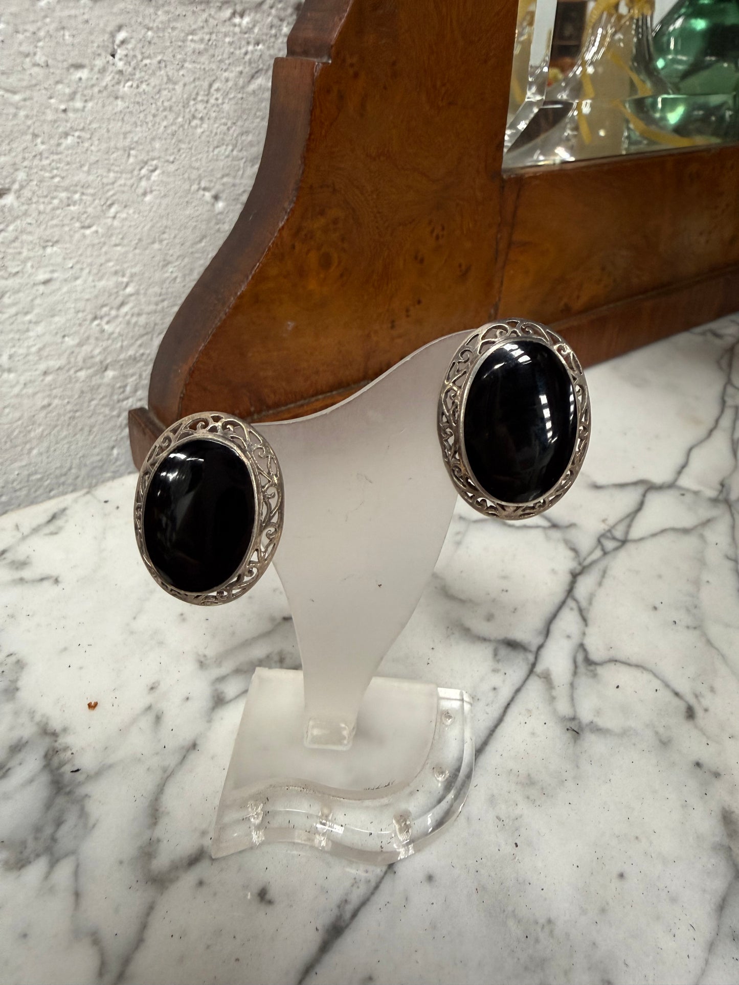 Vintage Large Silver & Onyx Stud Earrings