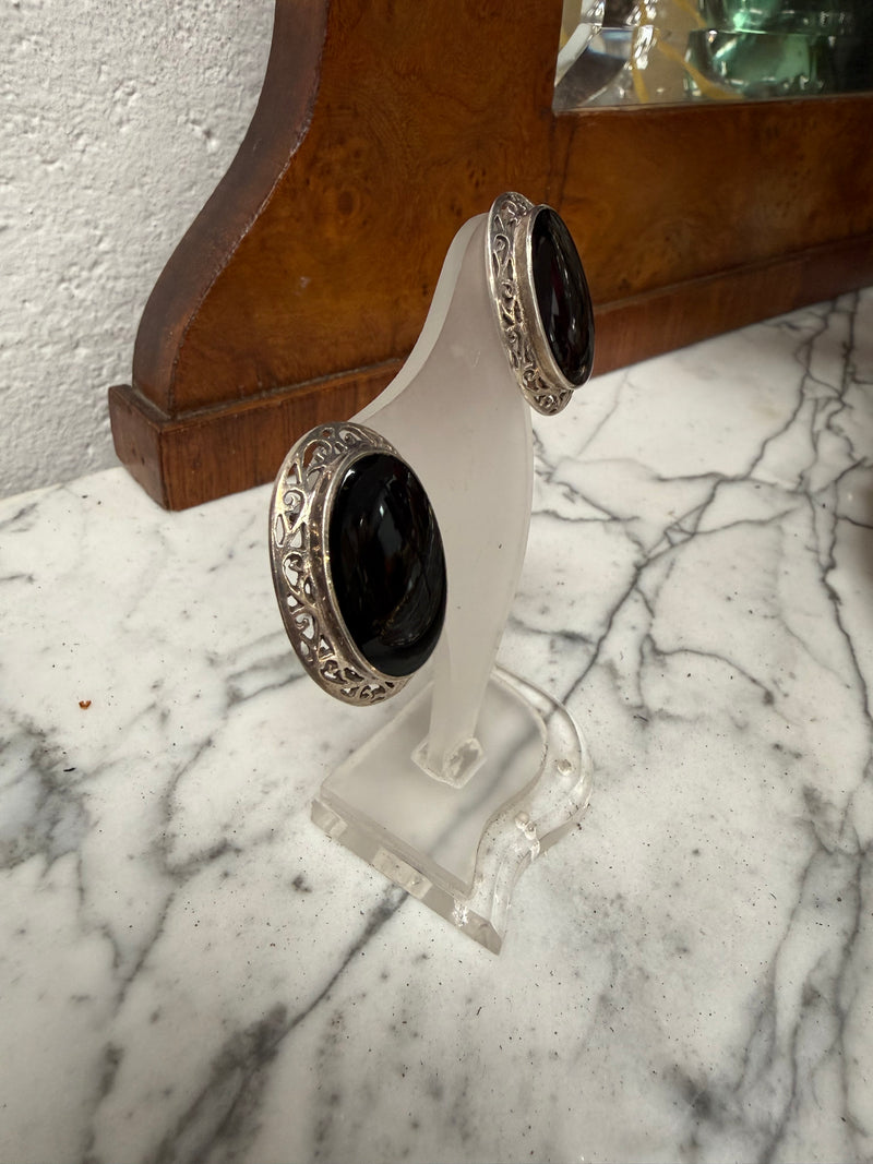 Vintage Large Silver & Onyx Stud Earrings