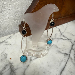 |Vintage Turquoise & Onyx & Silver Earrings