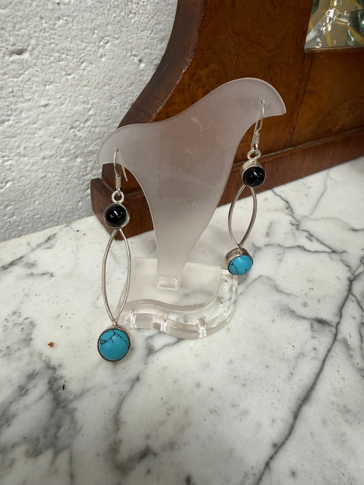 |Vintage Turquoise & Onyx & Silver Earrings