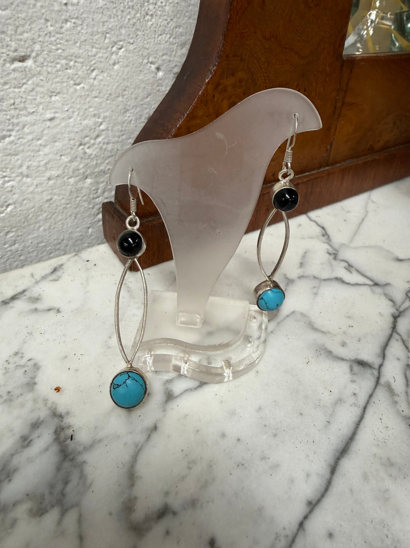 |Vintage Turquoise & Onyx & Silver Earrings