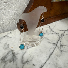 |Vintage Turquoise & Onyx & Silver Earrings