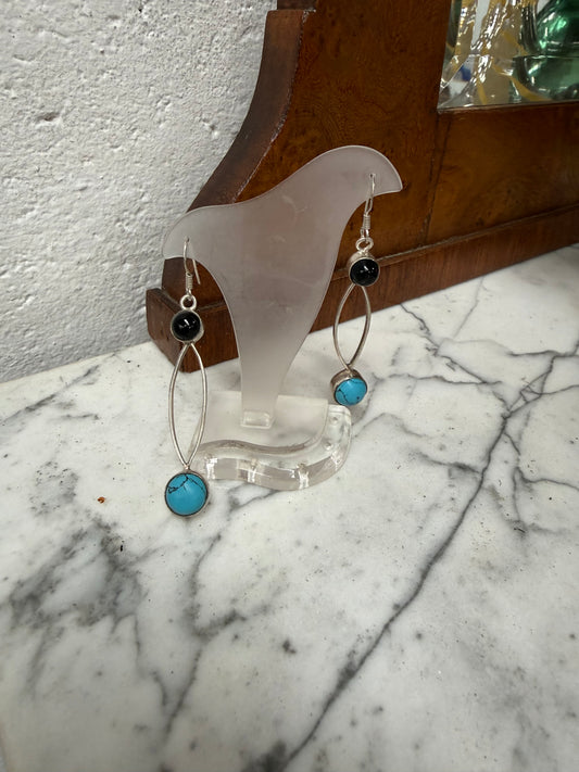 |Vintage Turquoise & Onyx & Silver Earrings