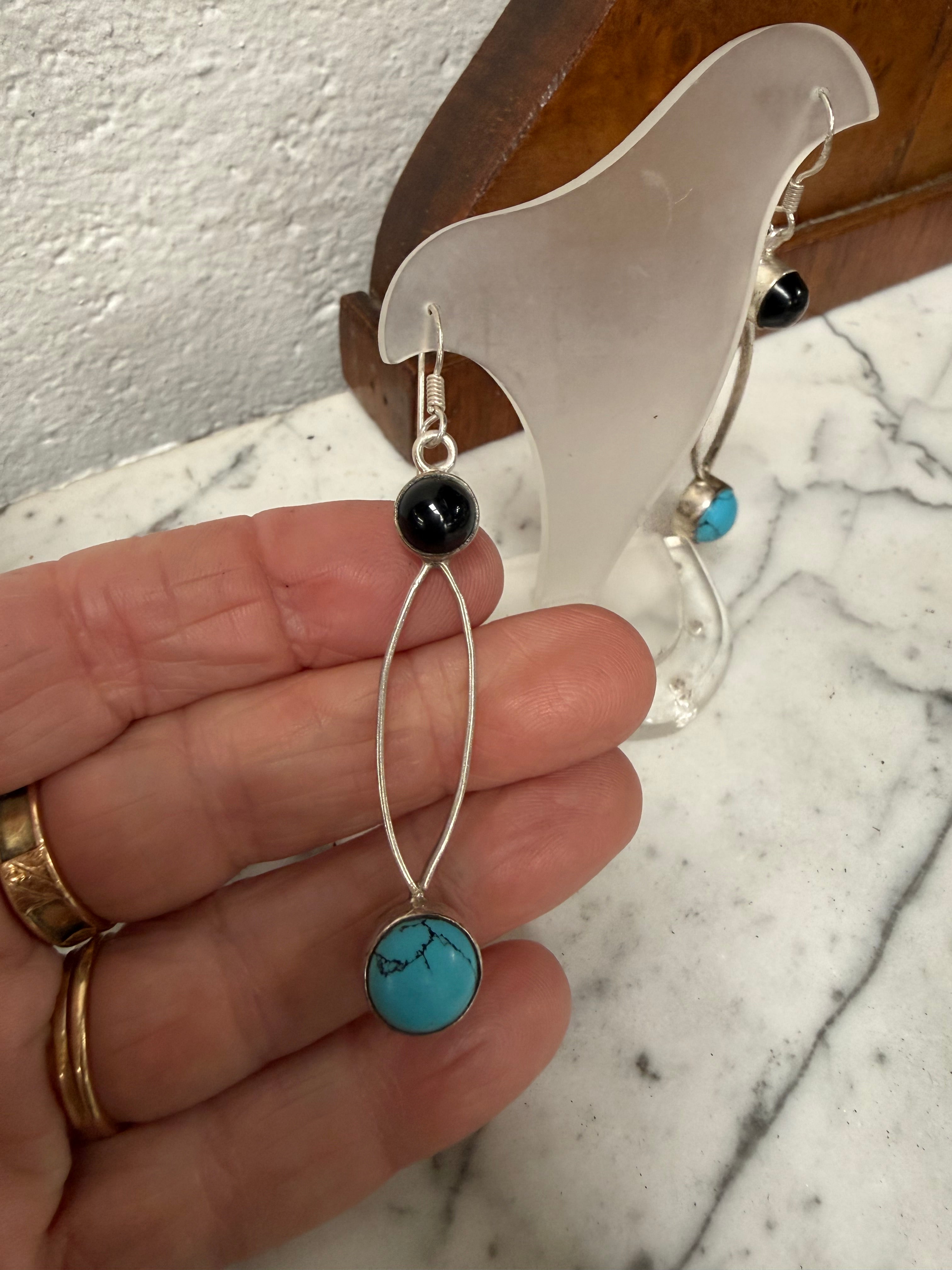 |Vintage Turquoise & Onyx & Silver Earrings