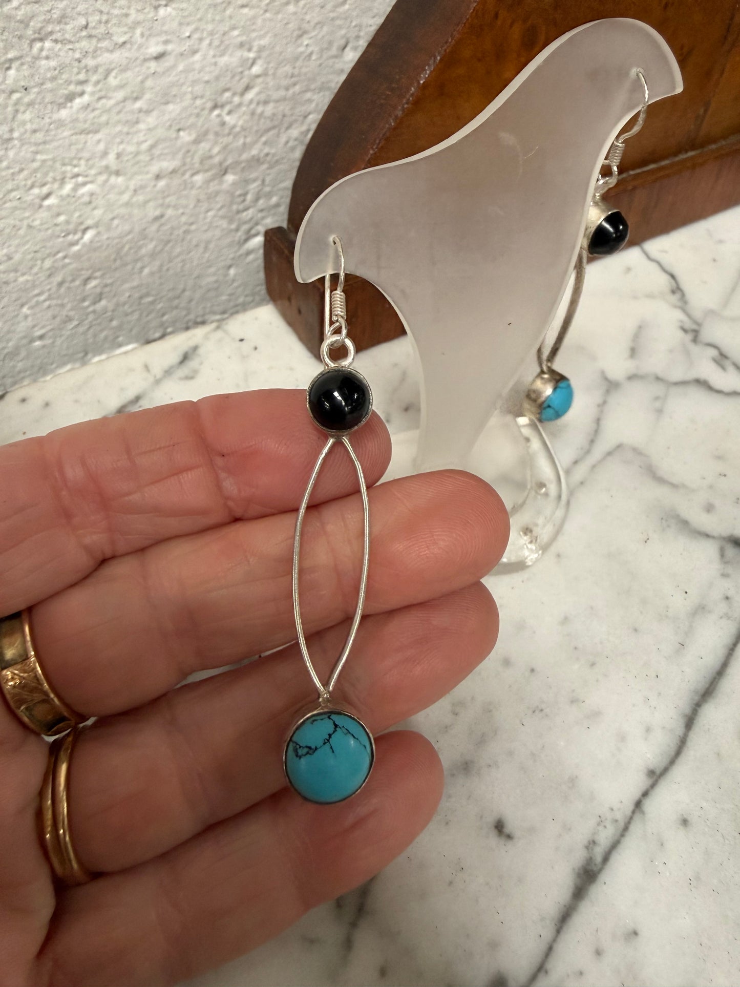 |Vintage Turquoise & Onyx & Silver Earrings