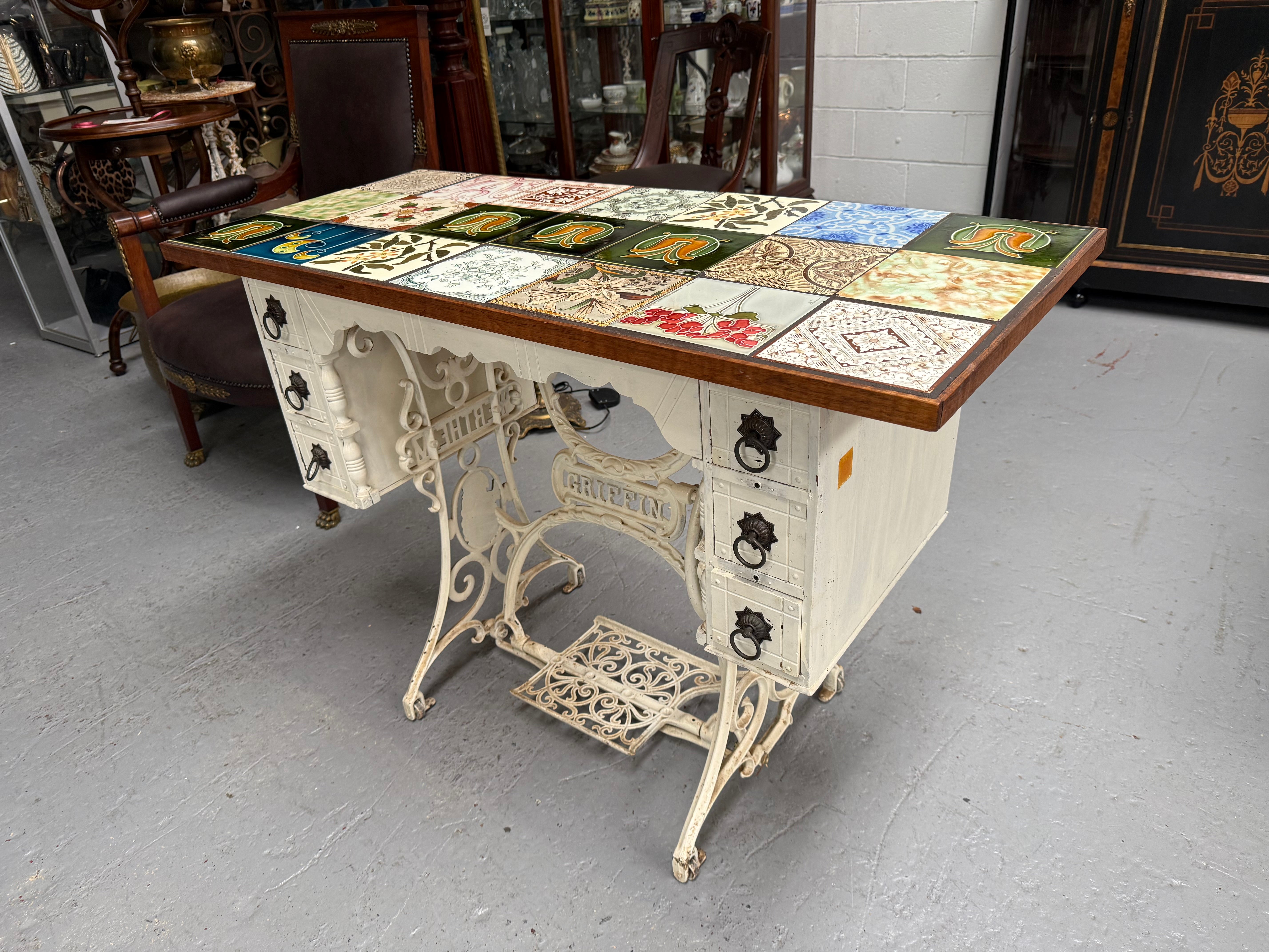 Unique Antique Tiled Top Griffin Sewing Machine Base Table | Antique & Vintage | Moonee Ponds Antiques | Australia Wide Delivery