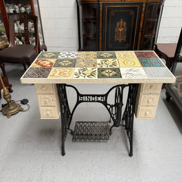 Unique Antique Tiled Top Sewing Machine Base Occasional Table