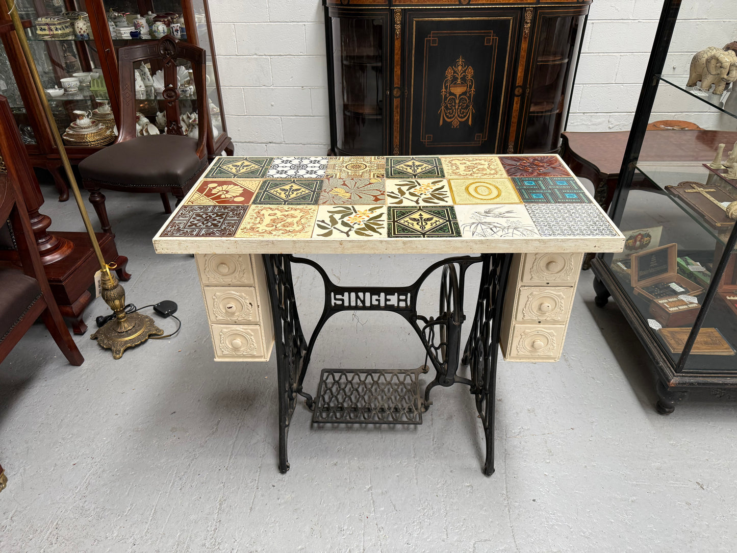 Unique Antique Tiled Top Sewing Machine Base Occasional Table