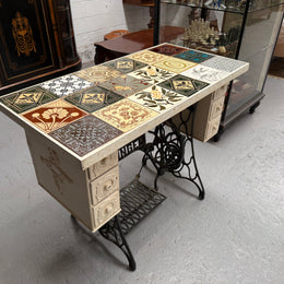 Unique Antique Tiled Top Sewing Machine Base Occasional Table