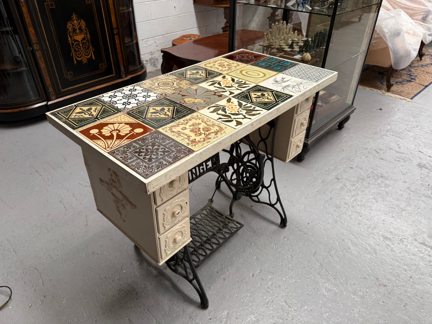 Unique Antique Tiled Top Sewing Machine Base Occasional Table
