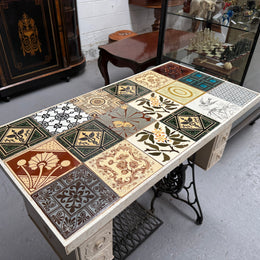 Unique Antique Tiled Top Sewing Machine Base Occasional Table