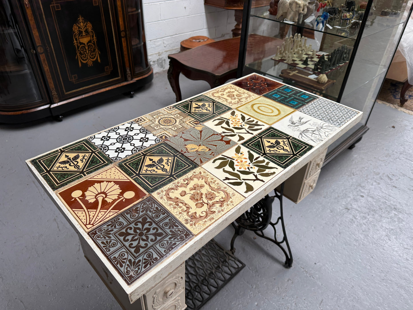 Unique Antique Tiled Top Sewing Machine Base Occasional Table