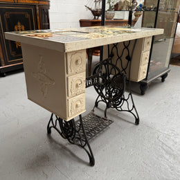 Unique Antique Tiled Top Sewing Machine Base Occasional Table