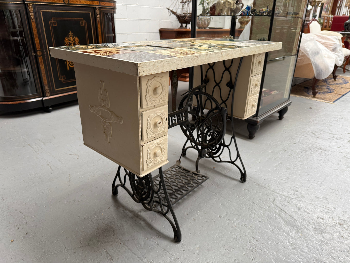Unique Antique Tiled Top Sewing Machine Base Occasional Table