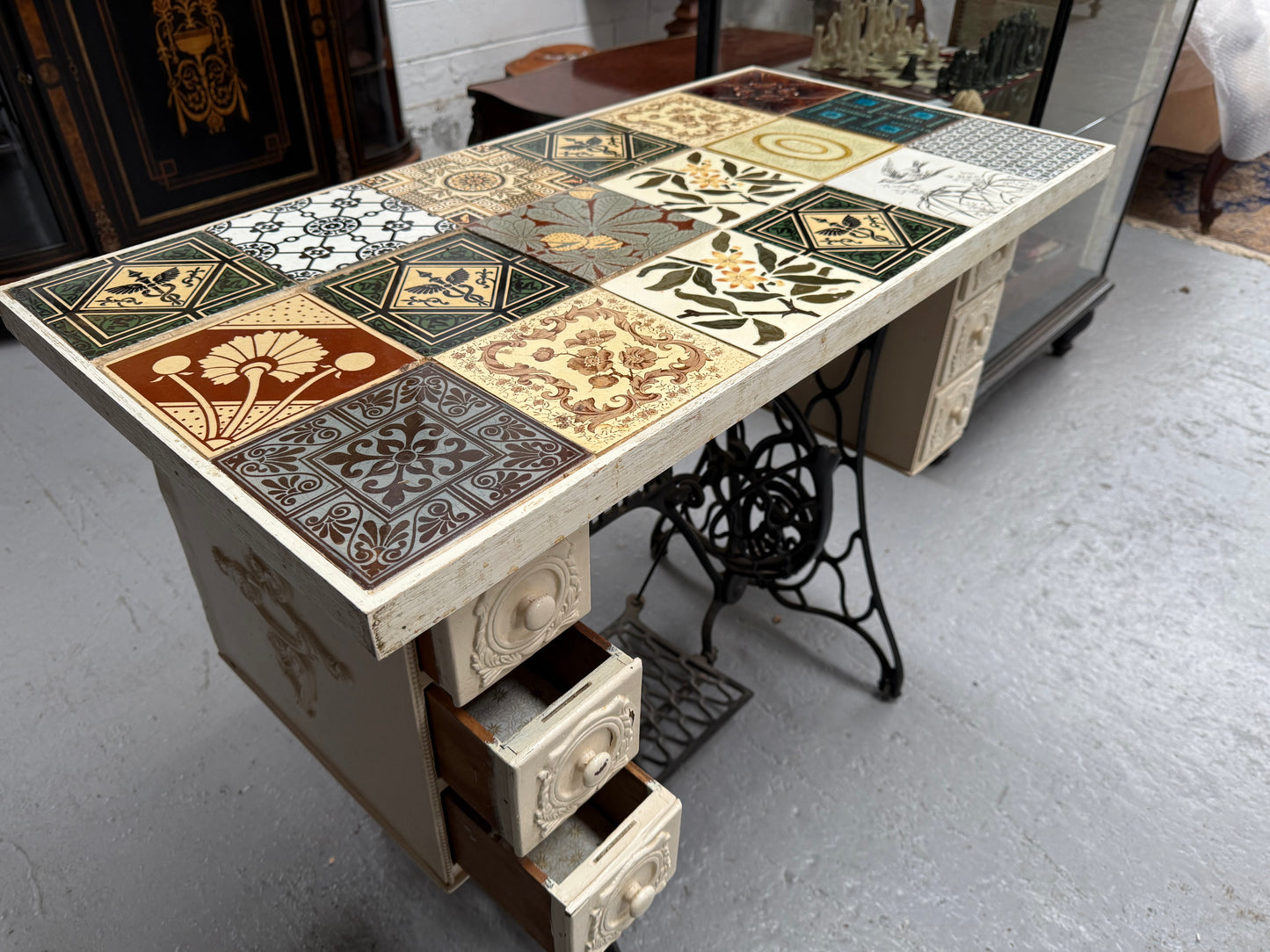 Unique Antique Tiled Top Sewing Machine Base Occasional Table