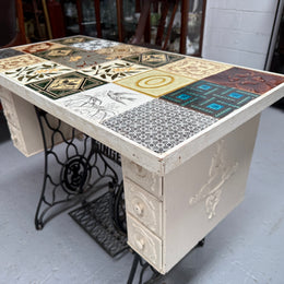 Unique Antique Tiled Top Sewing Machine Base Occasional Table
