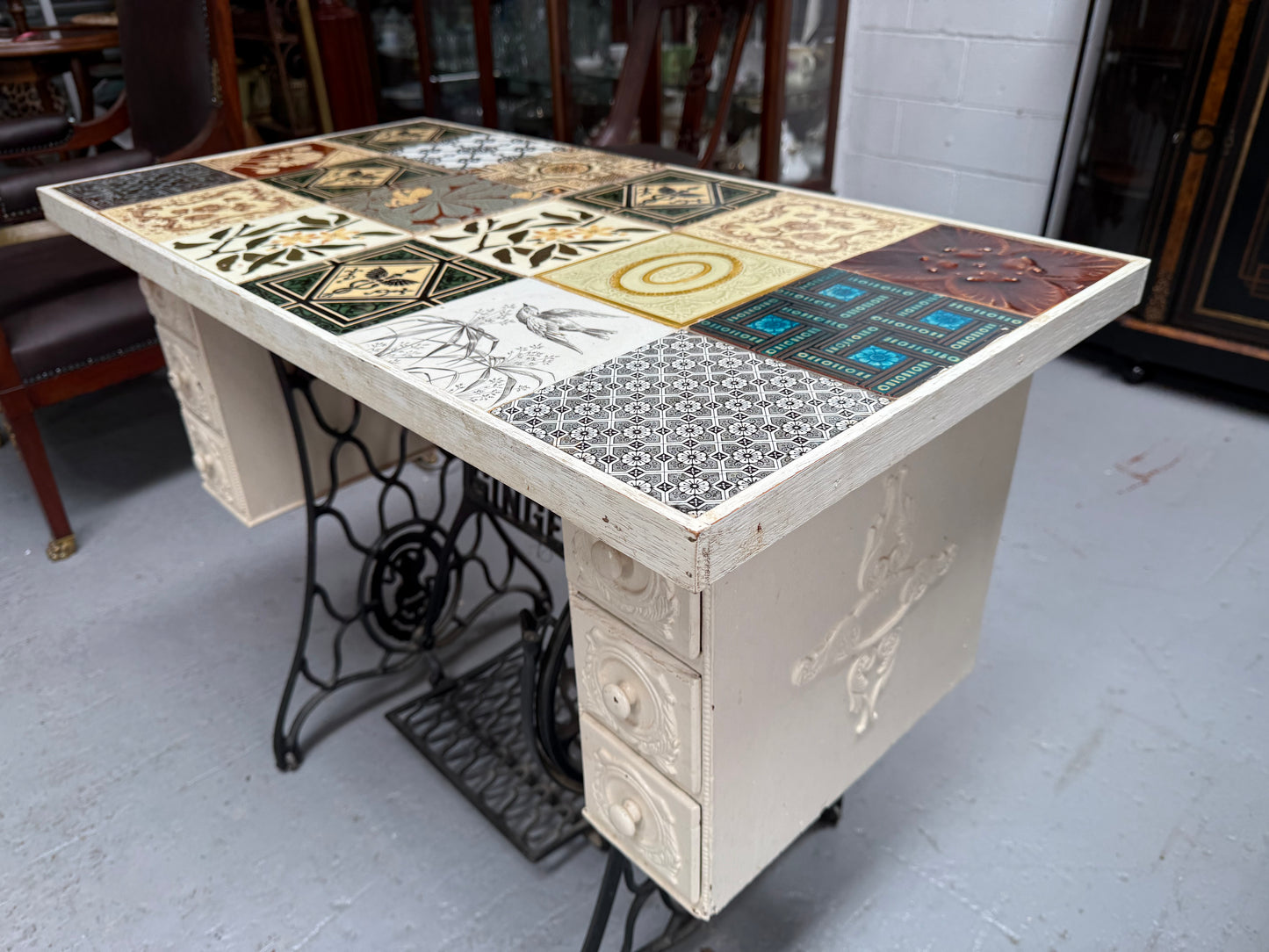Unique Antique Tiled Top Sewing Machine Base Occasional Table