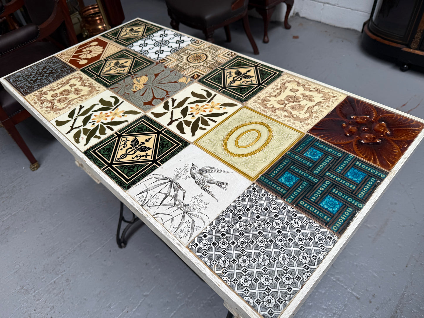 Unique Antique Tiled Top Sewing Machine Base Occasional Table