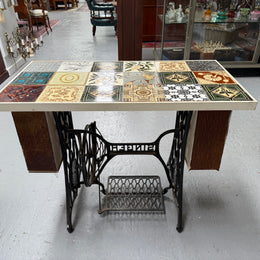 Unique Antique Tiled Top Sewing Machine Base Occasional Table