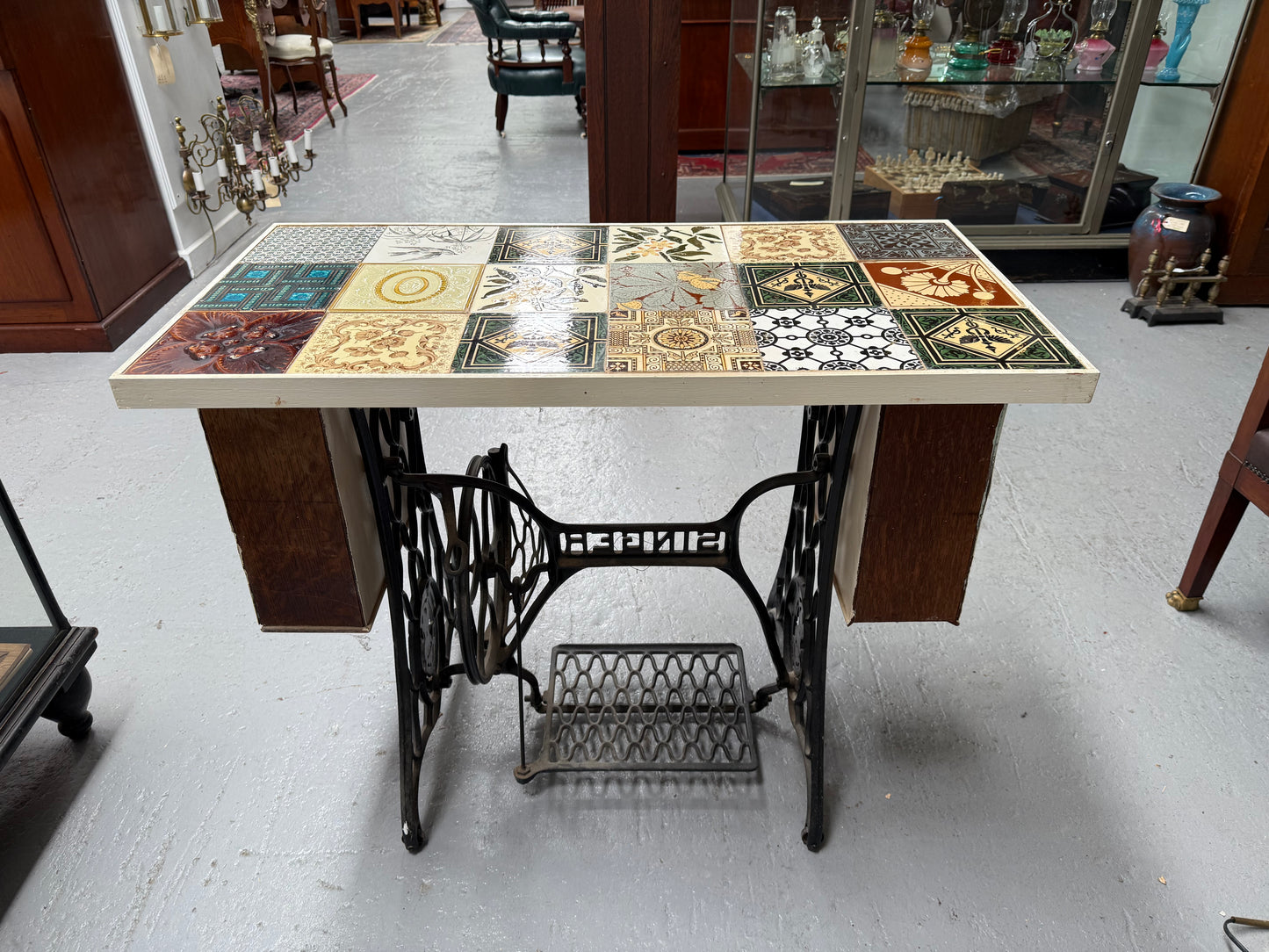 Unique Antique Tiled Top Sewing Machine Base Occasional Table