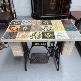 Unique Antique Tiled Top Sewing Machine Base Occasional Table