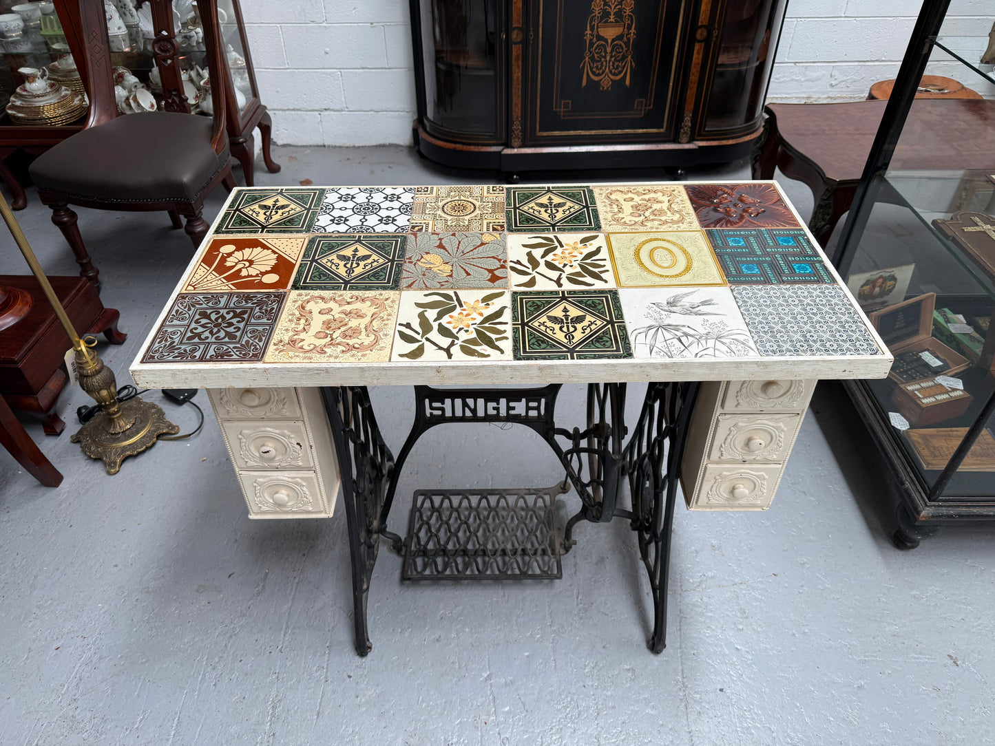 Unique Antique Tiled Top Sewing Machine Base Occasional Table