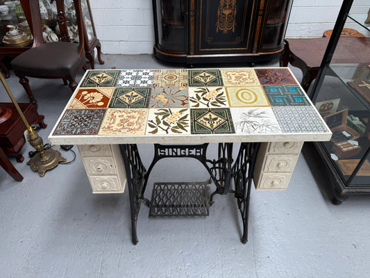 Unique Antique Tiled Top Sewing Machine Base Occasional Table