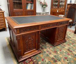 French Oak Renaissance Style Leather Top Twin Pedestal Desk | Antique & Vintage | Moonee Ponds Antiques | Australia Wide Delivery