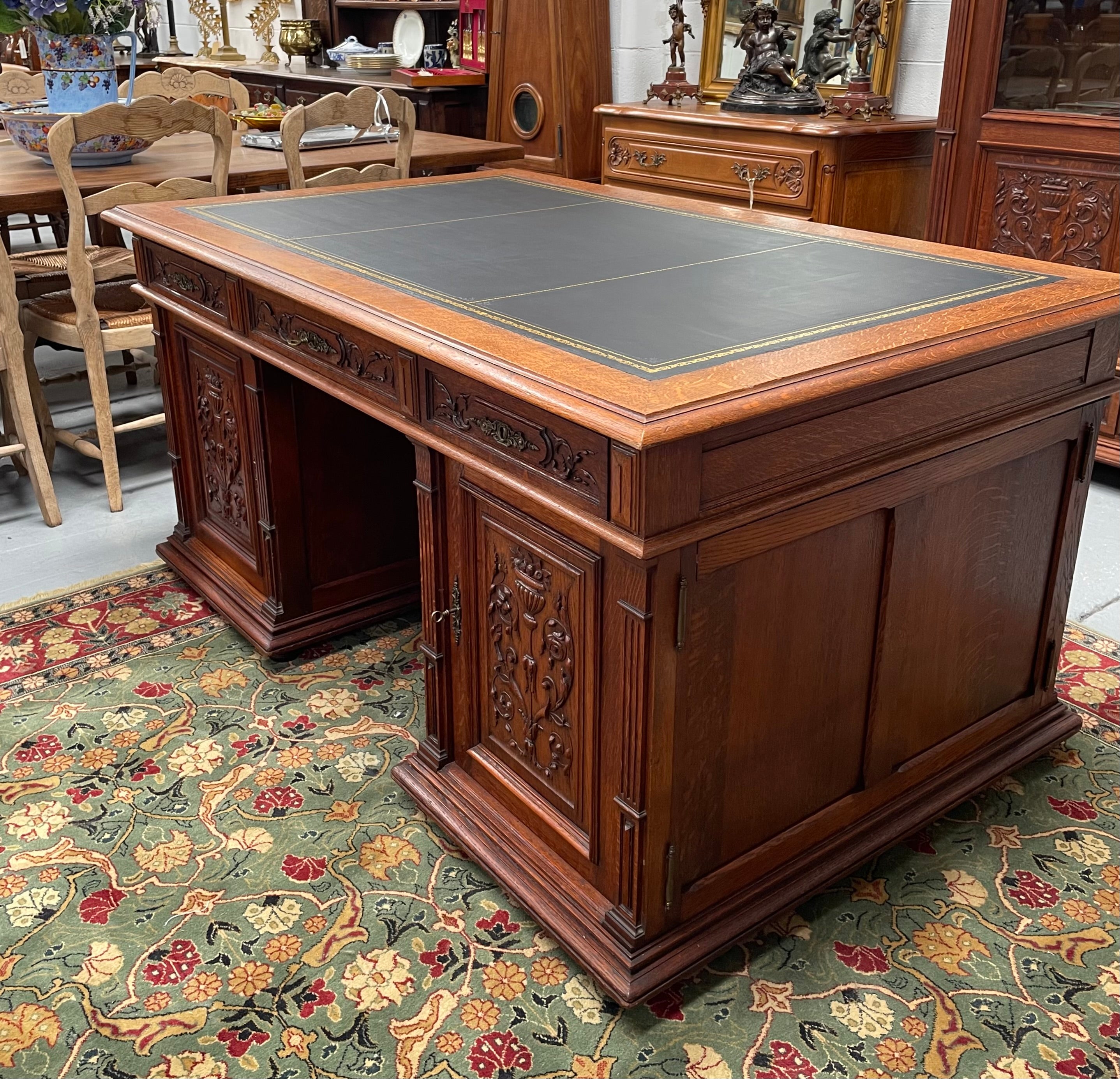 French Oak Renaissance Style Leather Top Twin Pedestal Desk | Antique & Vintage | Moonee Ponds Antiques | Australia Wide Delivery