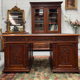 French Oak Renaissance Style Leather Top Twin Pedestal Desk