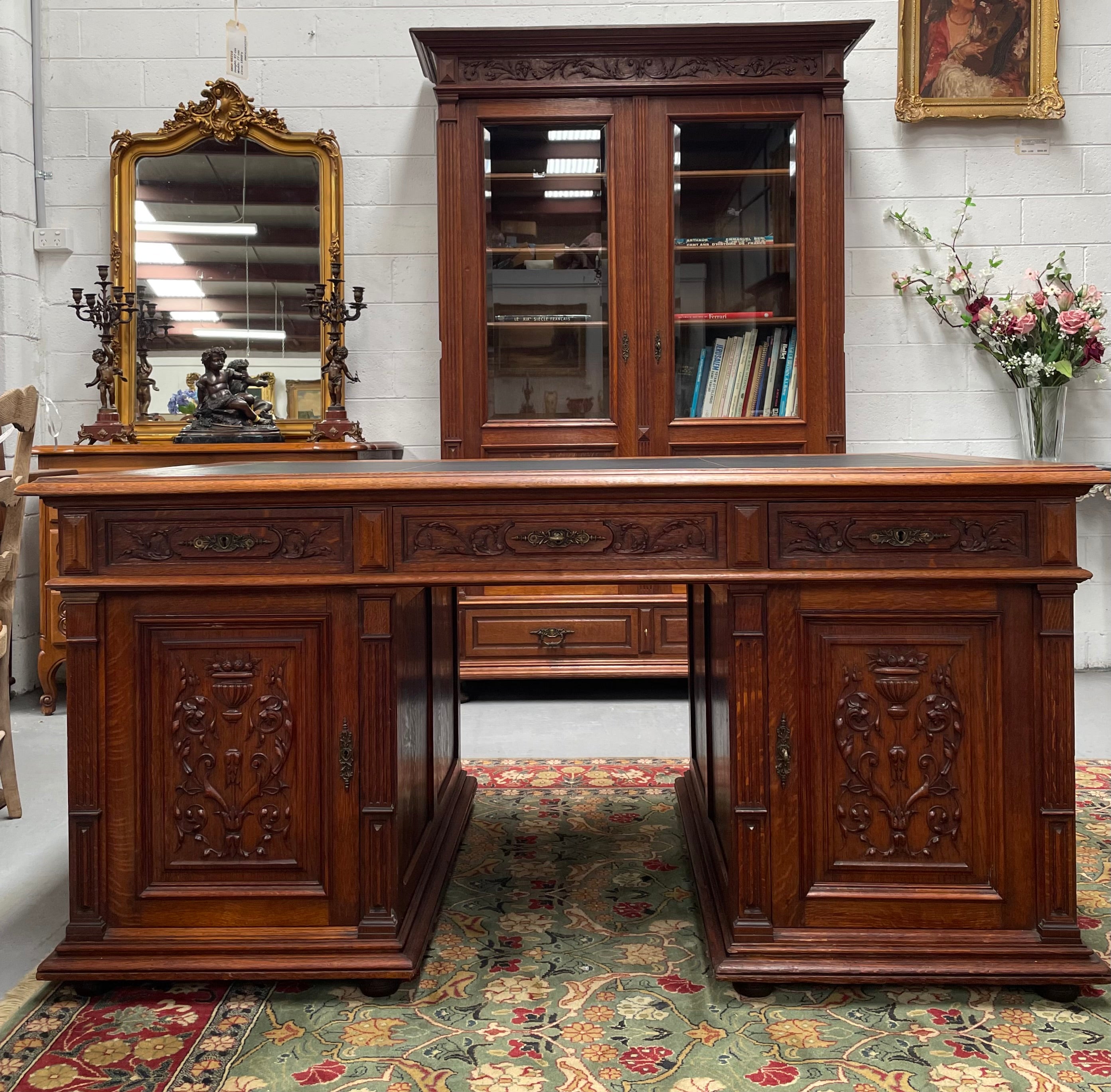 French Oak Renaissance Style Leather Top Twin Pedestal Desk | Antique & Vintage | Moonee Ponds Antiques | Australia Wide Delivery