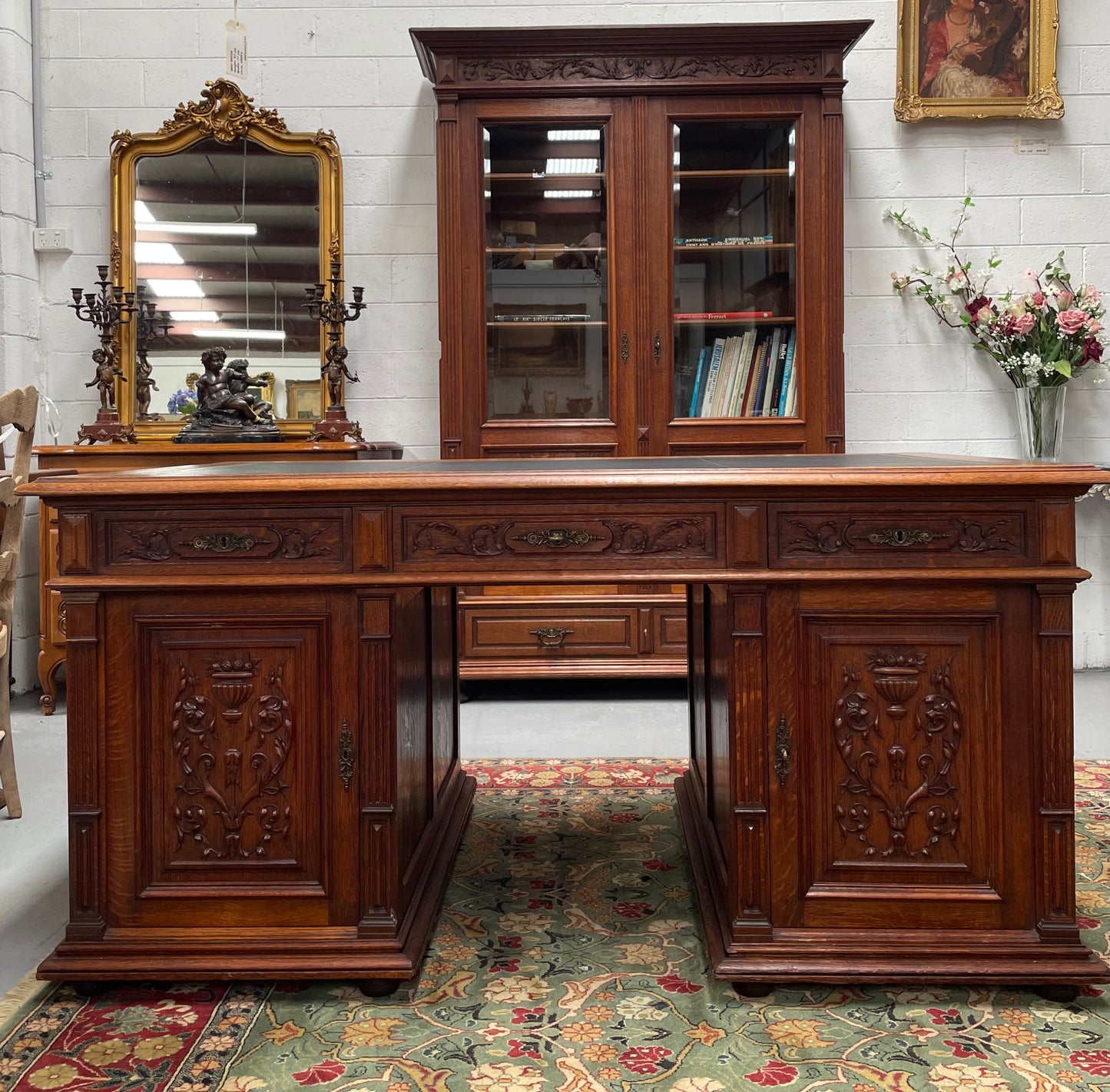 French Oak Renaissance Style Leather Top Twin Pedestal Desk