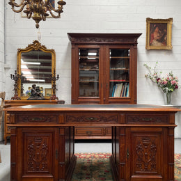 French Oak Renaissance Style Leather Top Twin Pedestal Desk