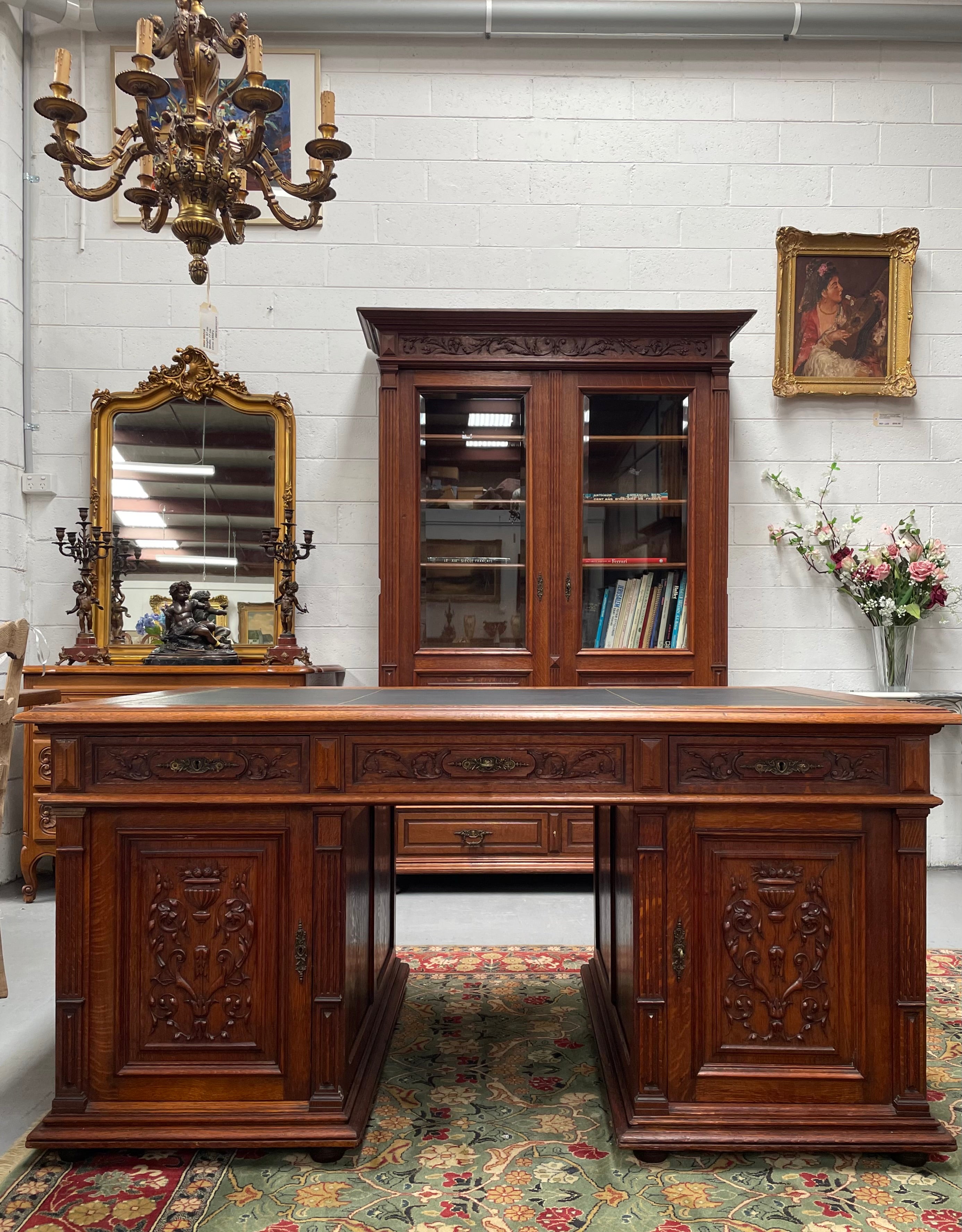 French Oak Renaissance Style Leather Top Twin Pedestal Desk | Antique & Vintage | Moonee Ponds Antiques | Australia Wide Delivery