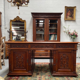 French Oak Renaissance Style Leather Top Twin Pedestal Desk