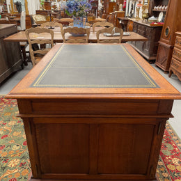 French Oak Renaissance Style Leather Top Twin Pedestal Desk