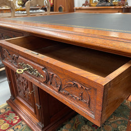 French Oak Renaissance Style Leather Top Twin Pedestal Desk