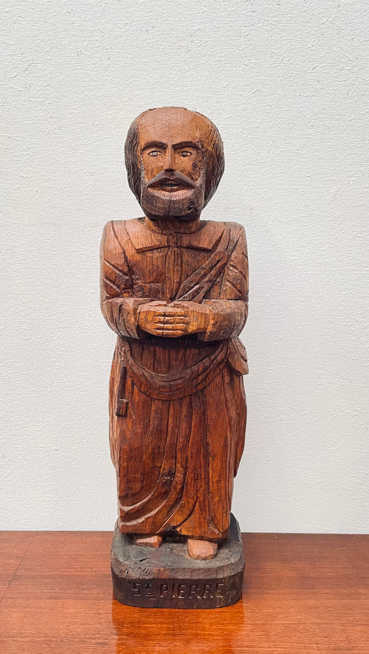 Hand Carved Antique Religious Wooden Statue of St. Pierre