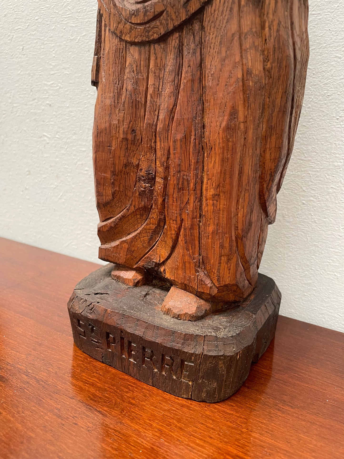 Hand Carved Antique Religious Wooden Statue of St. Pierre