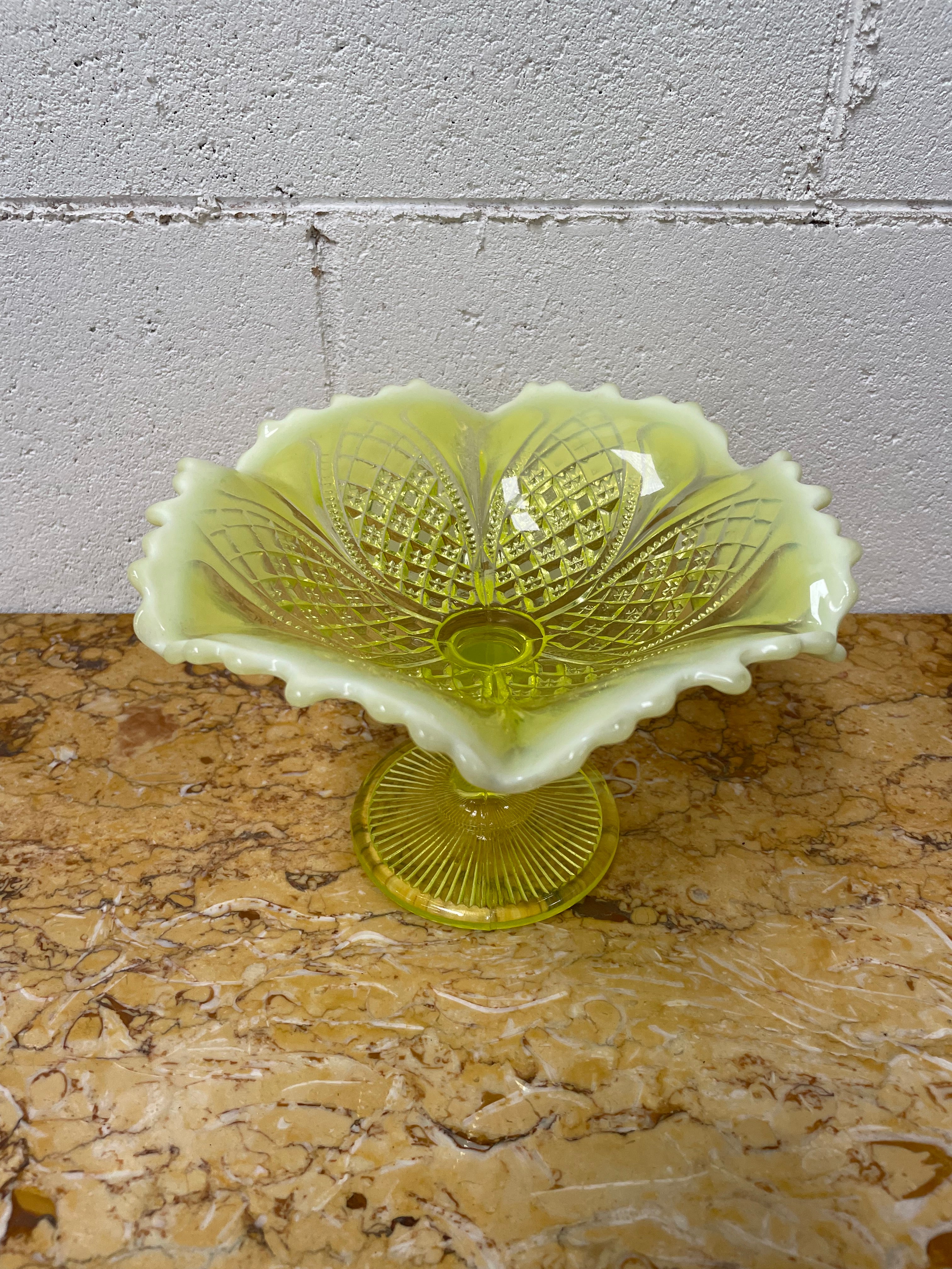 Vaseline Glass Bowl On Stand | Antique & Vintage | Moonee Ponds Antiques | Australia Wide Delivery