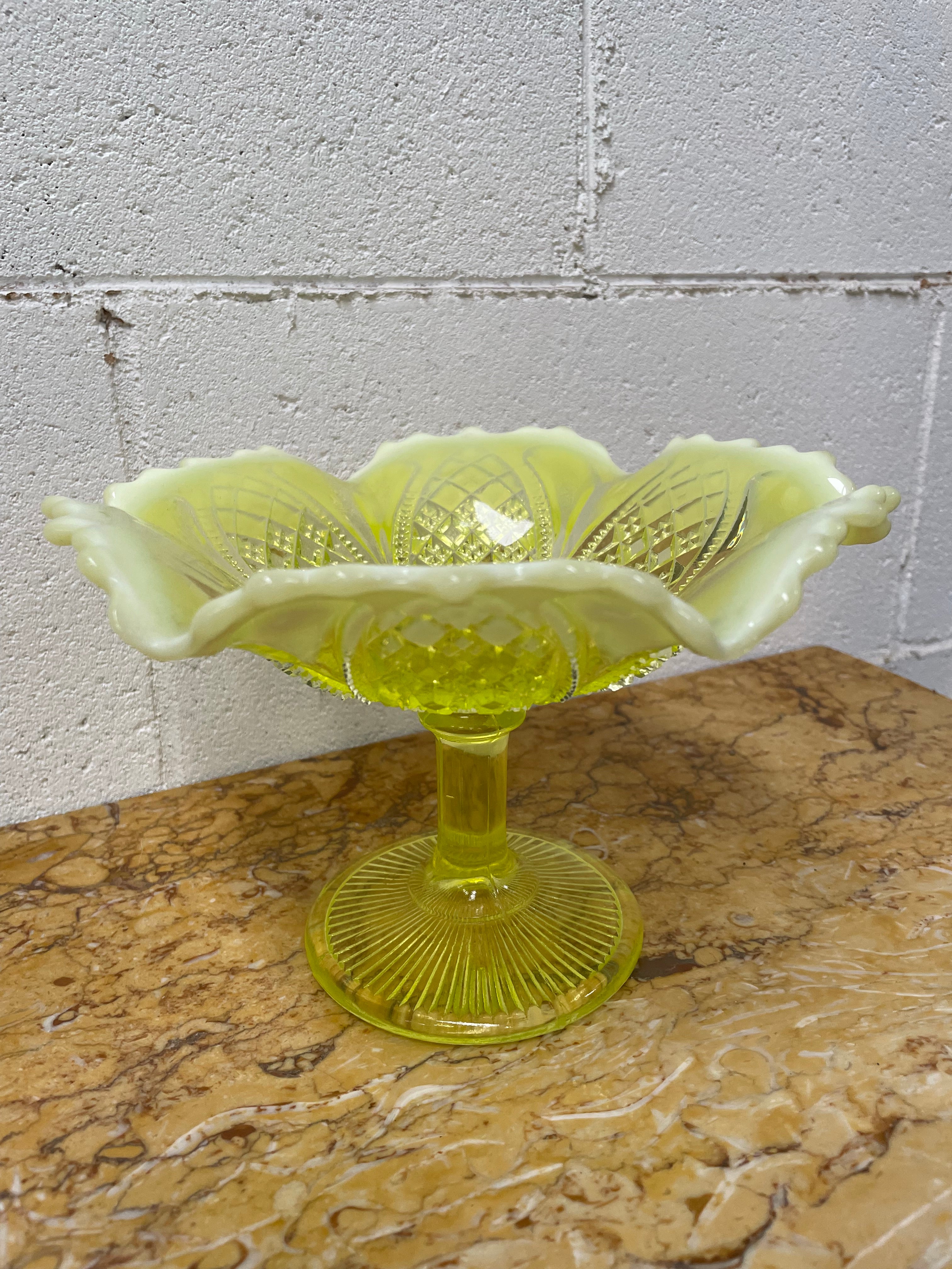 Vaseline Glass Bowl On Stand | Antique & Vintage | Moonee Ponds Antiques | Australia Wide Delivery