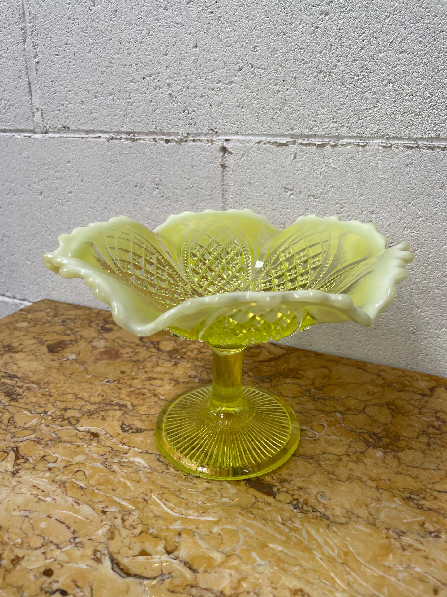 Vaseline Glass Bowl On Stand